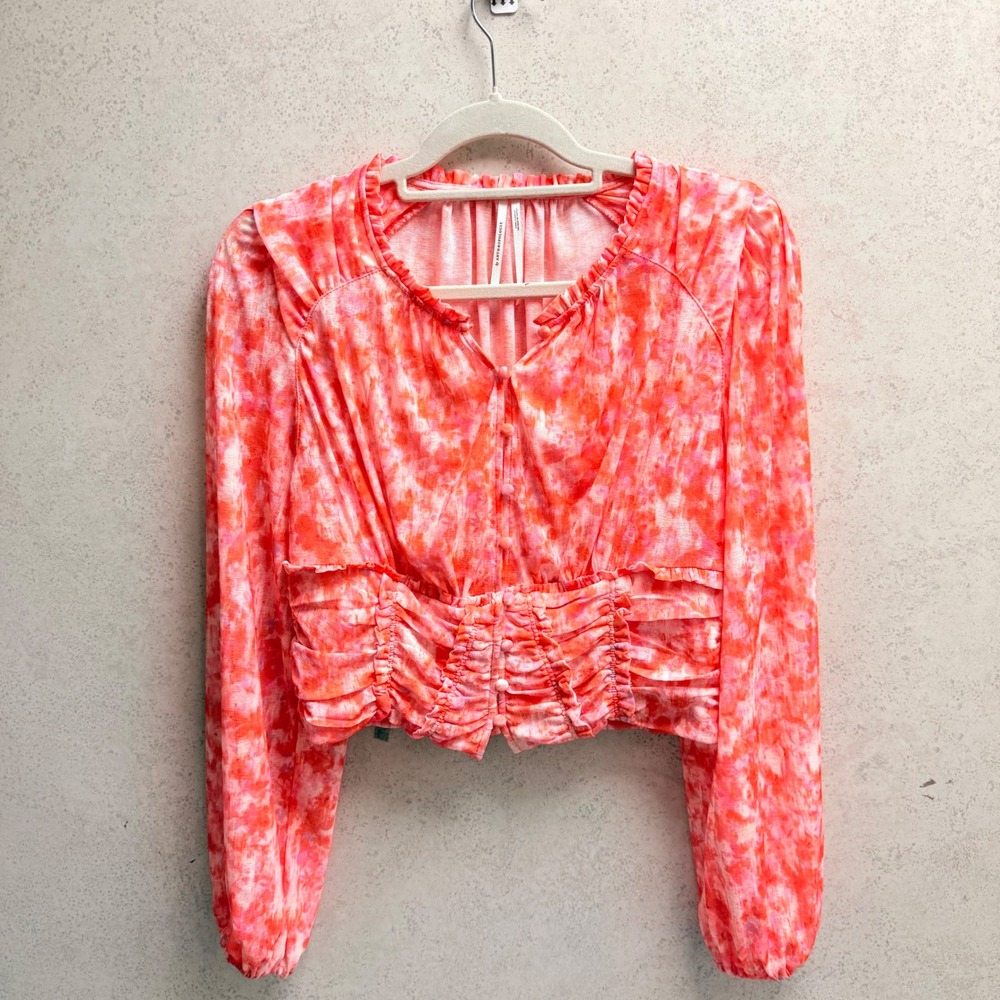 Anthropologie M Pink Orange Boho Romantic Festival Smocked Waist Ruffle Crop Top